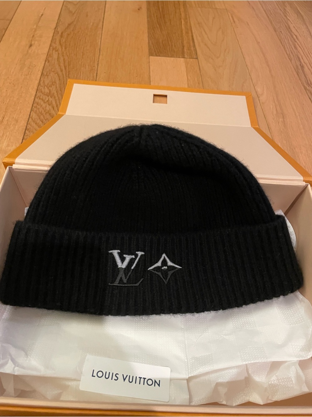 Louis Vuitton Black Ribbed Logo Cuff Beanie